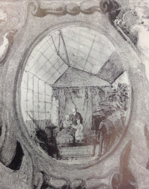 Akwarela Wojciecha Gersona przedstawiająca wnętrze atelier fotograficznego Maksymiliana Fajansa (lata 60. XIX wieku)